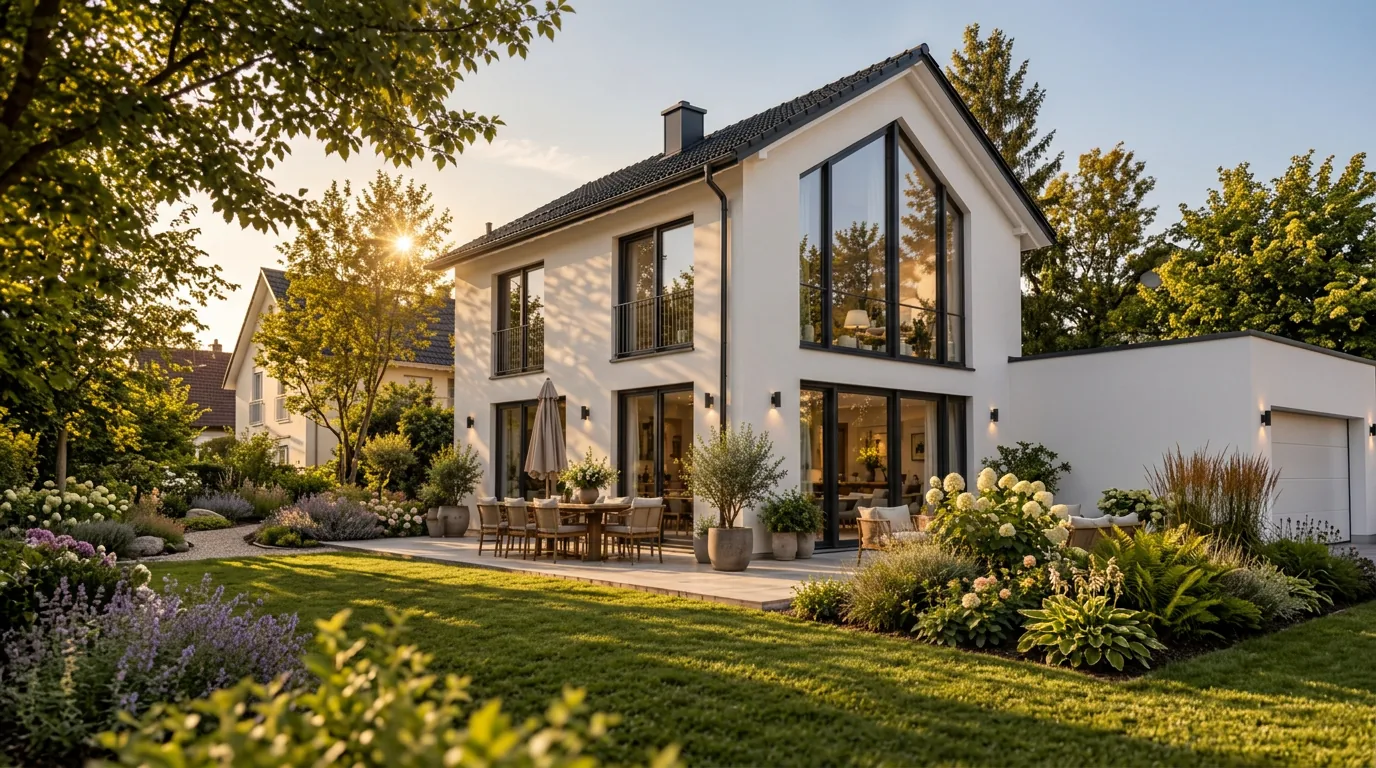 Haus mit gepflegtem Garten bei Abendlicht